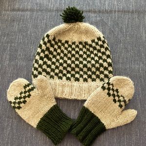 Hand made kids pom pom hat and mittens set